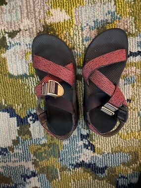Chaco Black Sandals with Red Patterned Straps